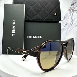New CHANEL Sunglasses Brown Havana Polarized Lens Pilot Aviator